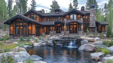 Luxurious mountain home with a tranquil water feature.