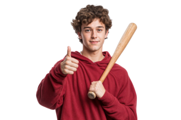 Smiling handsome young High school student holding a baseball bat and giving thumb up, isolated on transparent background