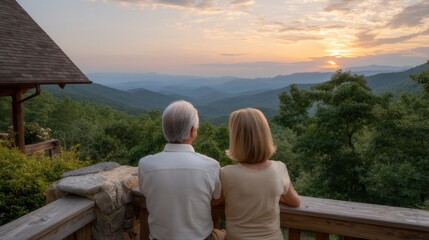 Couple Watching Mountain Sunset From Balcony View