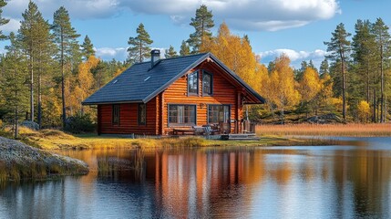 Fototapeta premium Picturesque autumnal log cabin reflecting on a calm lake.