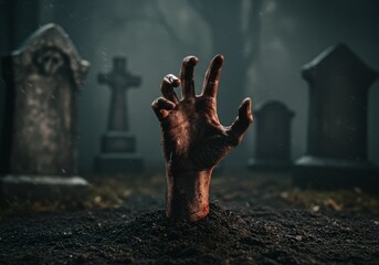 3D Illustration of Zombie Hand Emerging from Grave in Foggy Graveyard