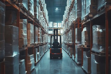 An operator drives a forklift through the aisle in a large, modern warehouse