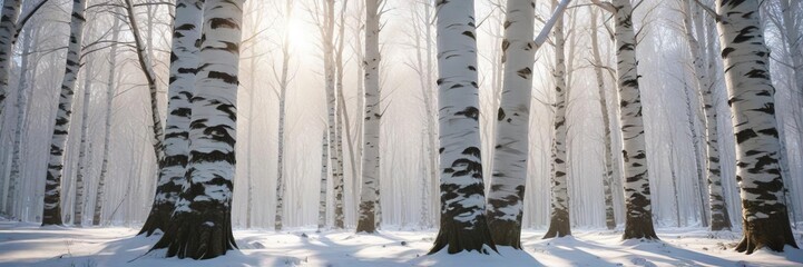 Tall white birch trunks rising above the snowy forest floor, their bark glistening in the pale winter sun, snowfall effects, natural wonder, wintry landscape