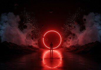 3D Render of Man Silhouette Neon Circle Red Light