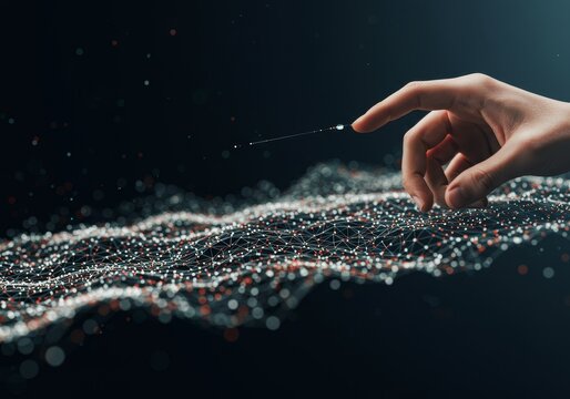 3D Render of Hand Interacting With Digital Data Landscape - Powered by Adobe