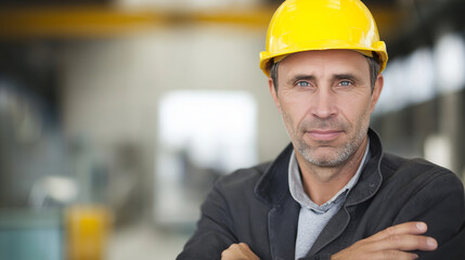 A determined construction worker in safety helmet, embodying resilience and focus in industrial labor.