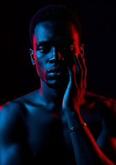 Artistic Portrait Photography Blue Red Lit Black Man with Glitter