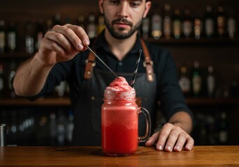 Bartender Making Red Cocktail in Mason Jar [Photo]