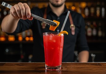 Bartender Adding Orange Garnish To Red Cocktail At Bar