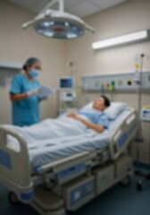 Blurry Photo of Patient Lying in Hospital Bed with Nurse Nearby