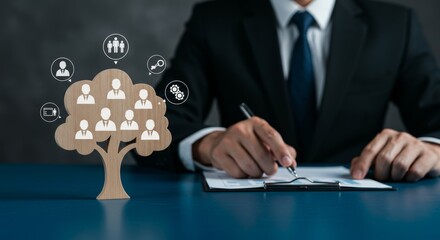 Businessman Analyzing Team Growth on Cardboard Tree