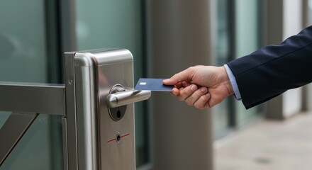 Businessman Using Access Card at Office Building Entrance Photo
