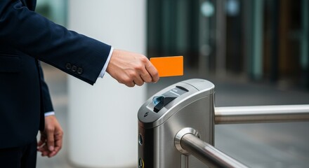 Businessman Using Access Card at Office Building Security Entrance Photo