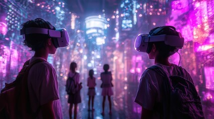 Obraz premium Two children wearing vr headsets experience virtual city.