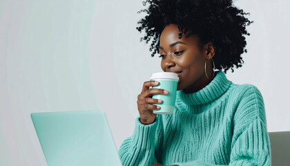Black Woman Working on Laptop, Enjoying Coffee Break