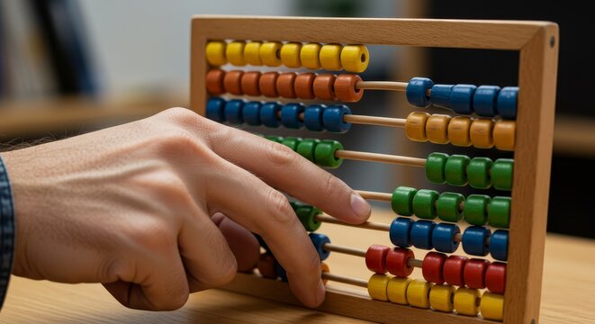 Hand Using Colorful Abacus on Wooden Table Photo