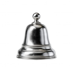 A shiny silver service bell with a smooth, rounded handle sits isolated on a pure white background, ready to call attention in a hotel or restaurant setting.
