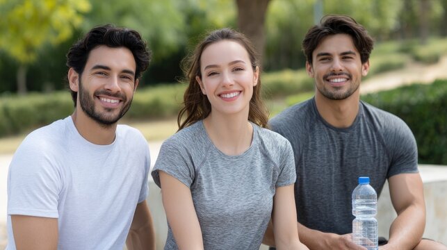 Smiling Friends Relaxing After Exercise in a Park