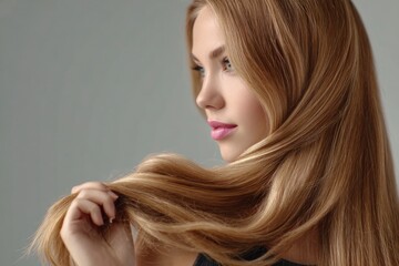 Naklejka premium Woman Touching Long Flowing Hair in Studio Profile