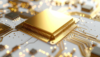 Gold CPU Microchip on Circuit Board: High-Tech Innovation