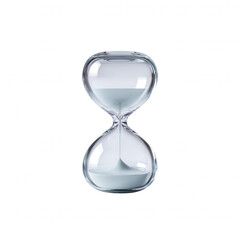 A translucent hourglass with fine white sand slowly trickling through the narrow passage between the two glass bulbs against a stark white background scene.