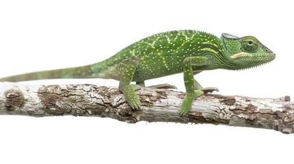 A vibrant green chameleon rests on a weathered branch, showcasing its speckled skin