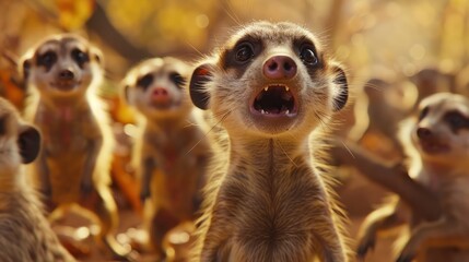 Close-up of meerkat pups, mouths agape, in a group.  Details visible, in sunlight