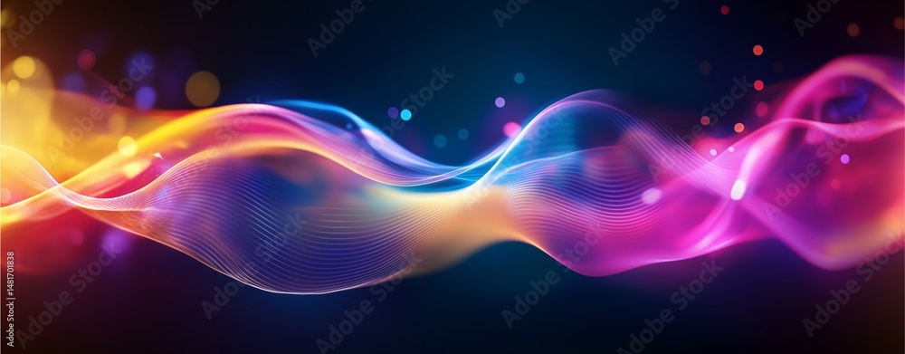 Poster vibrant wave of light: a mesmerizing display of dynamic, flowing colors and abstract forms, perfect 