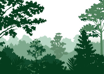 Green forest tree silhouettes — natural park landscape on isolated vector background.