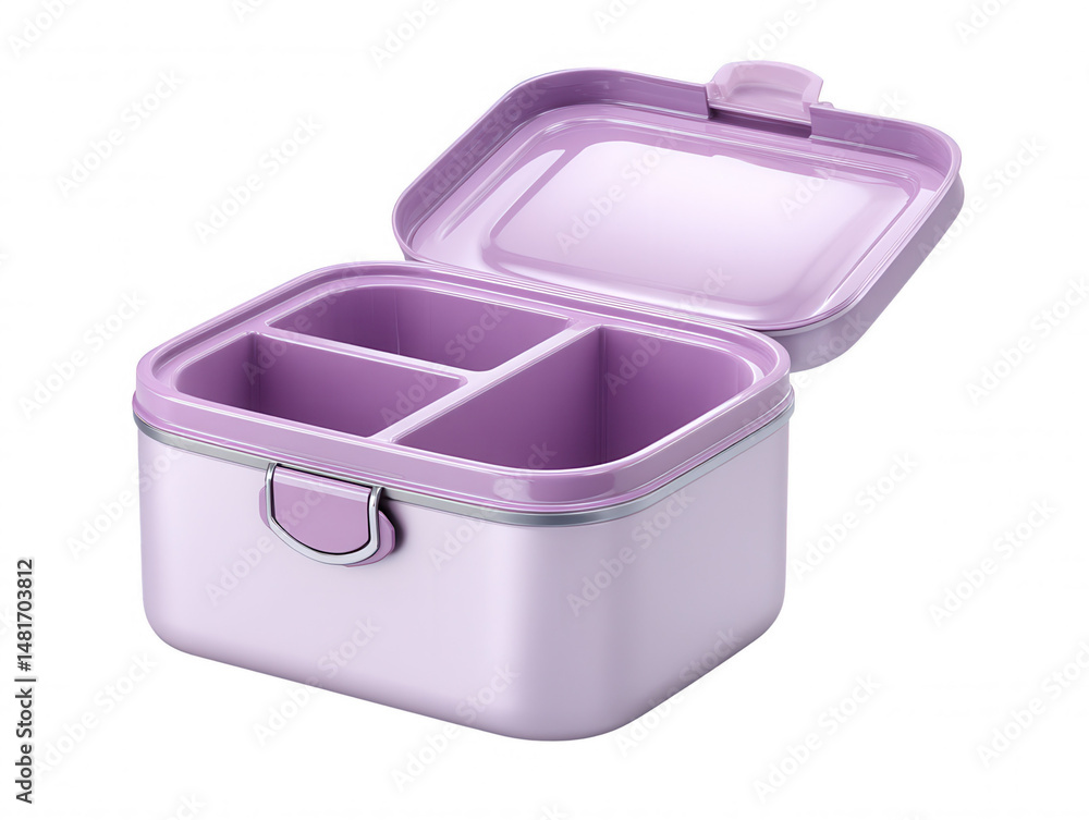 Aufkleber a lilac lunchbox with compartments stands open against a white backdrop, displaying its pristine int