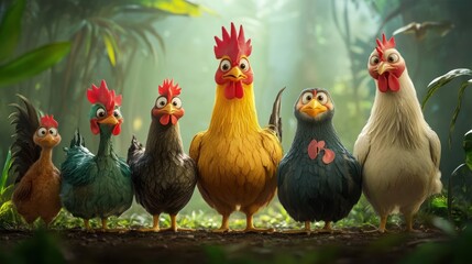 Fototapeta premium Whimsical line-up of animated chickens in a lush tropical forest environment