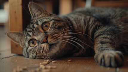 Adorable tabby domestic cat lying on a warm wooden floor, looking with sleepy amber eyes, peaceful pet resting indoors.