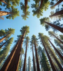 Towering redwood trees against clear blue sky, serene, growth, sunlight, forest, tranquil