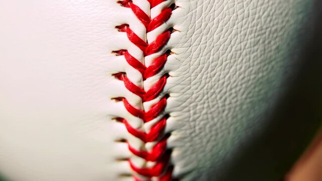 Close-up view showing the texture and stitching details of a new white leather baseball with bright red thread.
