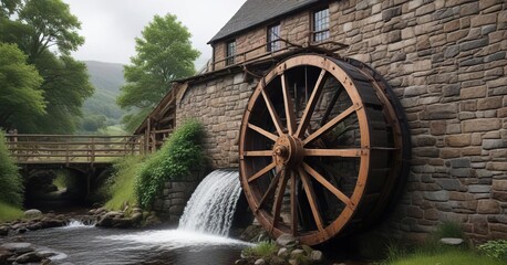 Obraz premium Traditional water wheel outside whisky distillery on Isle of Arran, energy, landscape