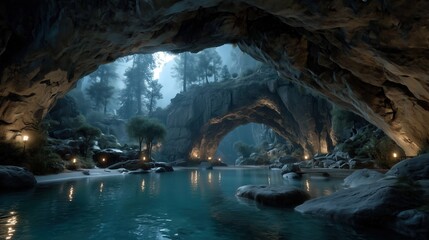 Fantasy Underground Temple with Crystal Water and Arched Caverns