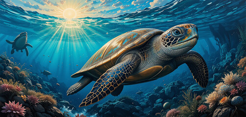 Fototapeta premium A vibrant underwater scene featuring a sea turtle gliding gracefully through clear blue water. Sunlight streams down from the surface, illuminating the ocean floor, which is adorned with various color