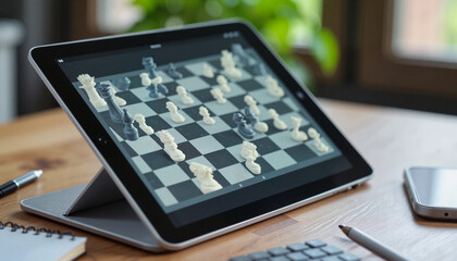 Digital chess game on tablet screen in casual home office setting, strategic thinking
