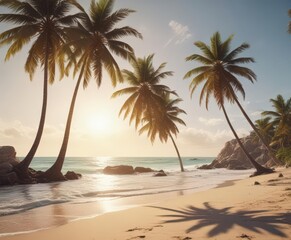 Obraz premium Sun-drenched beach, vintage film grain, palm trees swaying , tropical beach, summer, golden hour