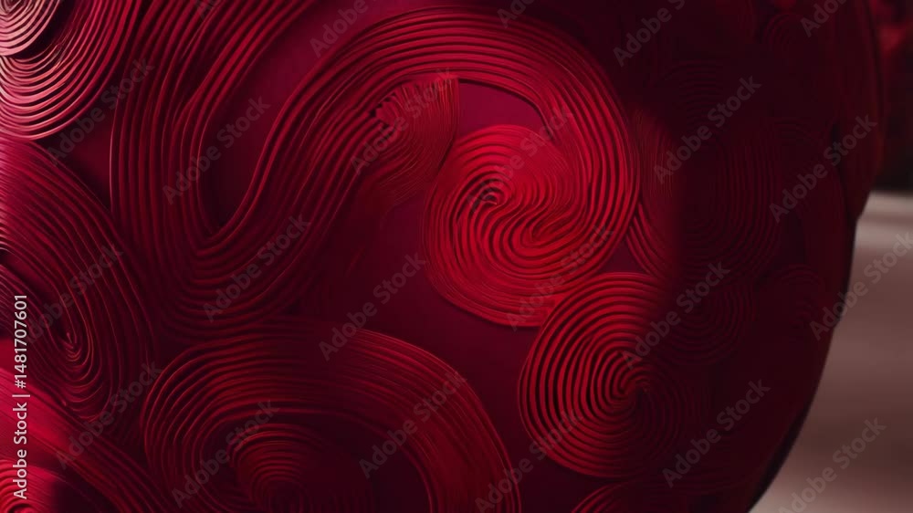 Poster abstract pair of red rounded forms with circular patterns and elegant curves creating an organic, fl