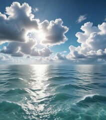 Obraz premium Tranquil ocean landscape with fluffy white clouds, peaceful scene, maritime