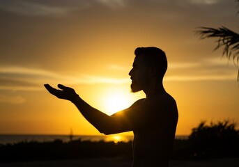 Fototapeta premium Photo: Silhouette of Man at Tropical Beach Sunset