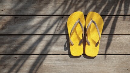 Yellow flip-flops on wooden deck with palm shadow