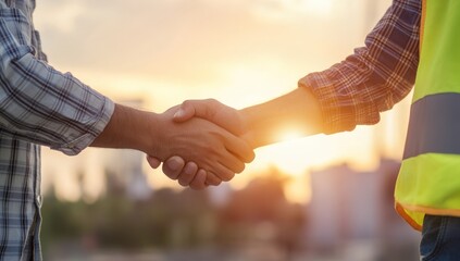 handshake symbolizing successful collaboration between construction workers at sunset showing partnership