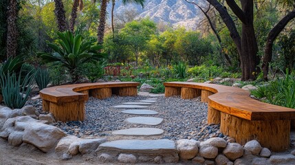 Serene outdoor seating area surrounded by a landscaped garden.