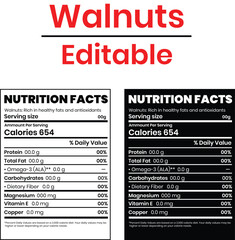 Nutrition Facts of Walnuts, Nutrition Level, Supplement Fact, Supplement Level Isolated on White and Black Background