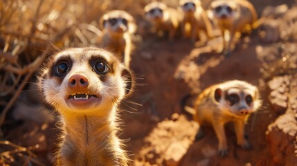 Close-up of meerkats looking upward, alert and curious. Group of meerkats in the desert environment