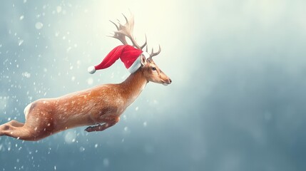 A festive deer in mid-leap wearing a red hat.