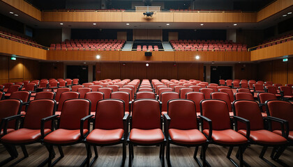 Fototapeta premium Empty graduation hall with red chairs, anticipation of the ceremony