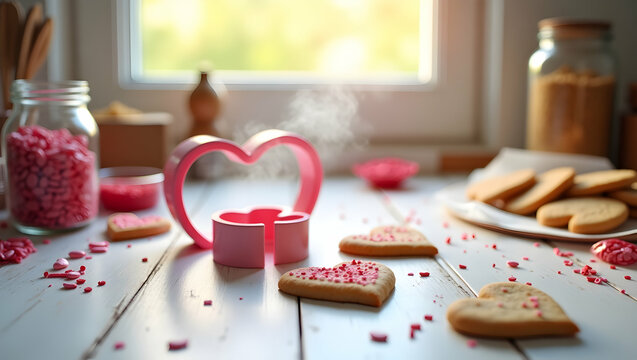 Charming Kitchen Scene, Baking Heart-Shaped Cookies for Valentine's Day with Pink Sprinkles and a Heart Cookie Cutter on a Rustic White Wooden Table - Powered by Adobe